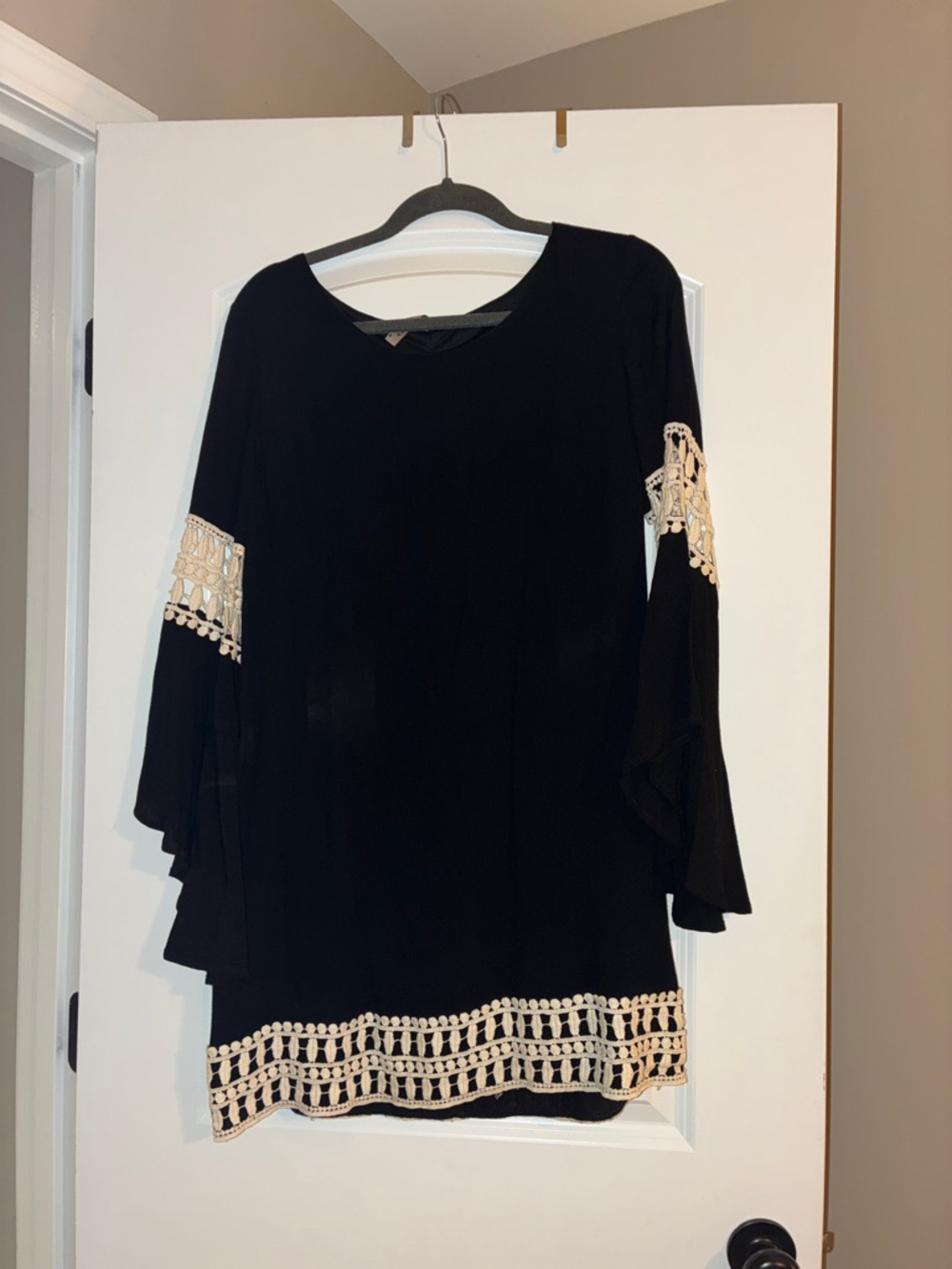 Women's Black Flow Dress with Cream Crochet Trim